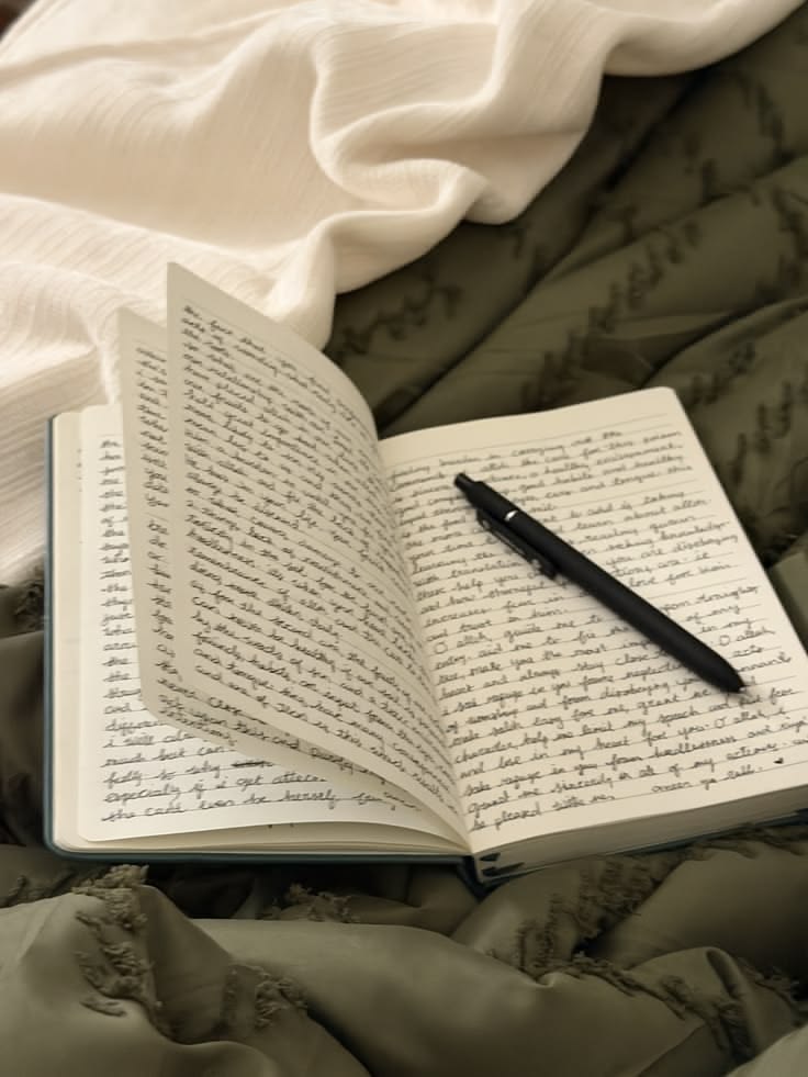Cuaderno abierto con escritura a mano y una pluma apoyada sobre una manta